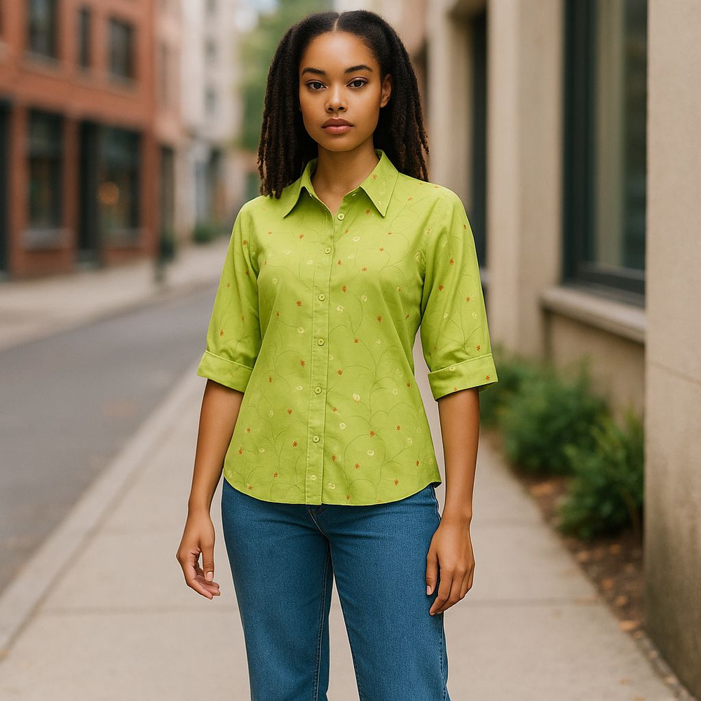 Vintage Bechamel Embroidered Floral Green 3/4 Sleeve Button Up Blouse Size Med